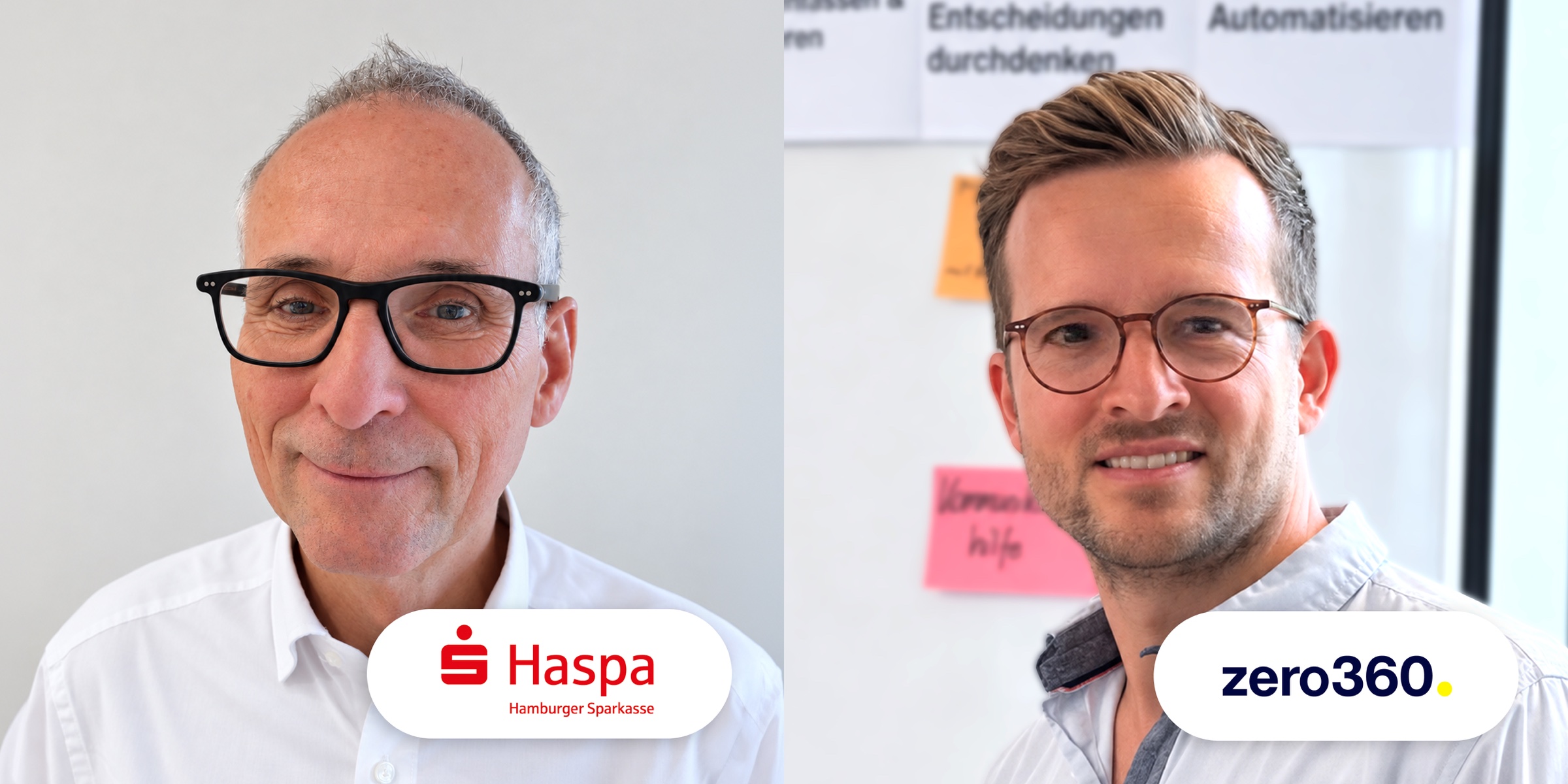 Porträts von Olav Melbye, Bereichsleiter Kredit & Recht der Hamburger Sparkasse (Haspa), und Johannes Meyer, Team- und Führungskräftecoach bei zero360